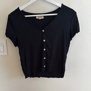 Madewell Black Short Sleeve Cropped Button Down Shirt